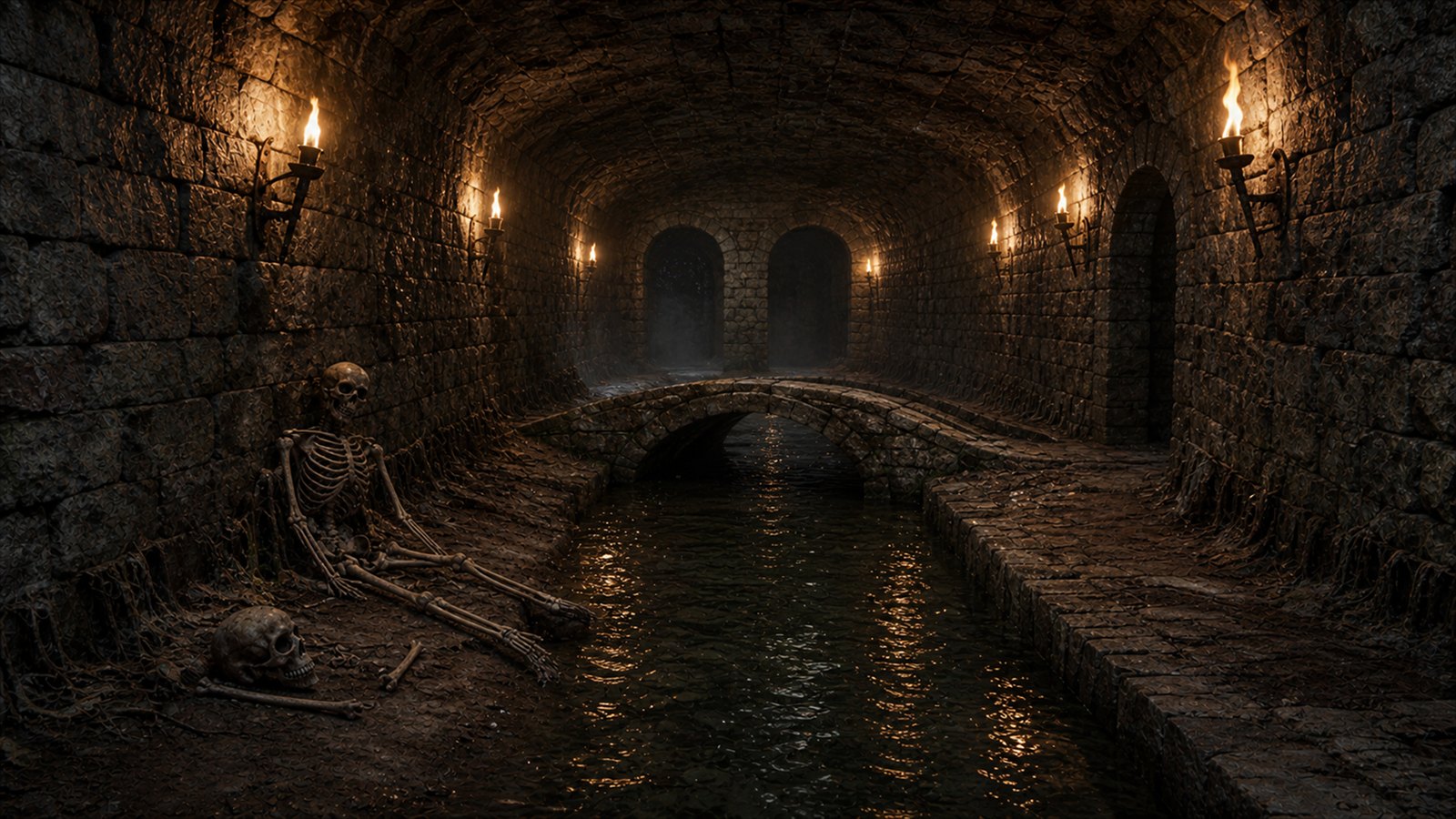 Unterirdisches Labyrinth mit einem Bach, einer Steinbrücke und mehreren Durchgängen