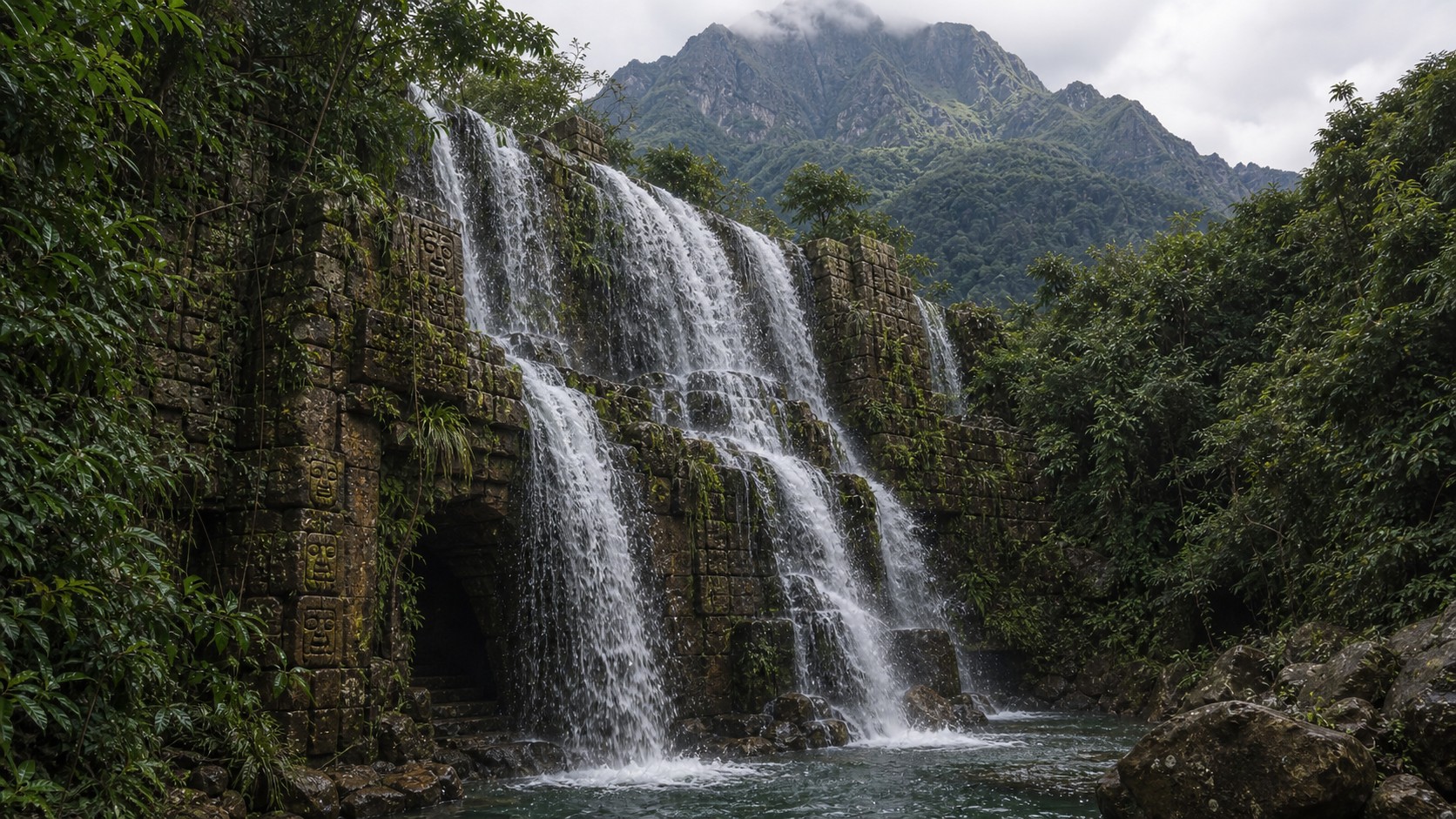 Wasserfall vor einem verborgenen Höhleneingang