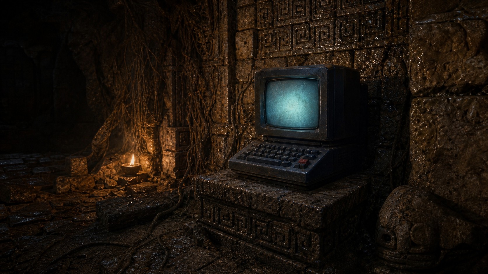 Unmöglicher Computer in einem uralten Tempel