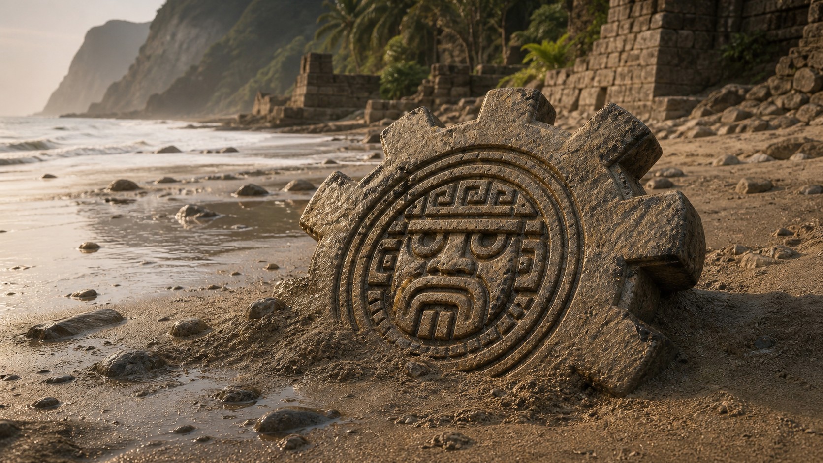 Steinernes Inka-Zahnrad im Sand